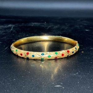 14k Yellow Gold Multi-color Enamel Dot Thin Bangle Bracelet